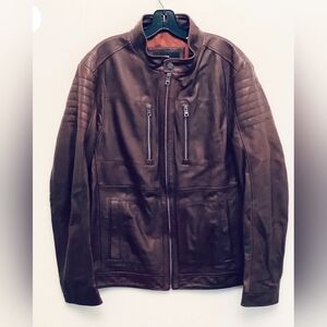Boss Men's Dark Brown Leather Racer Jacket